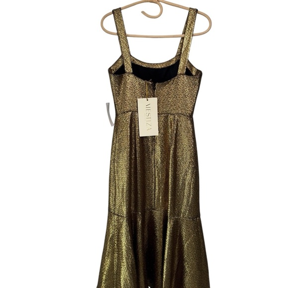 Mestiza New York Jody Metallic Gold Tweed Square Neck Flutter Hem Midi Dress - Picture 14 of 16